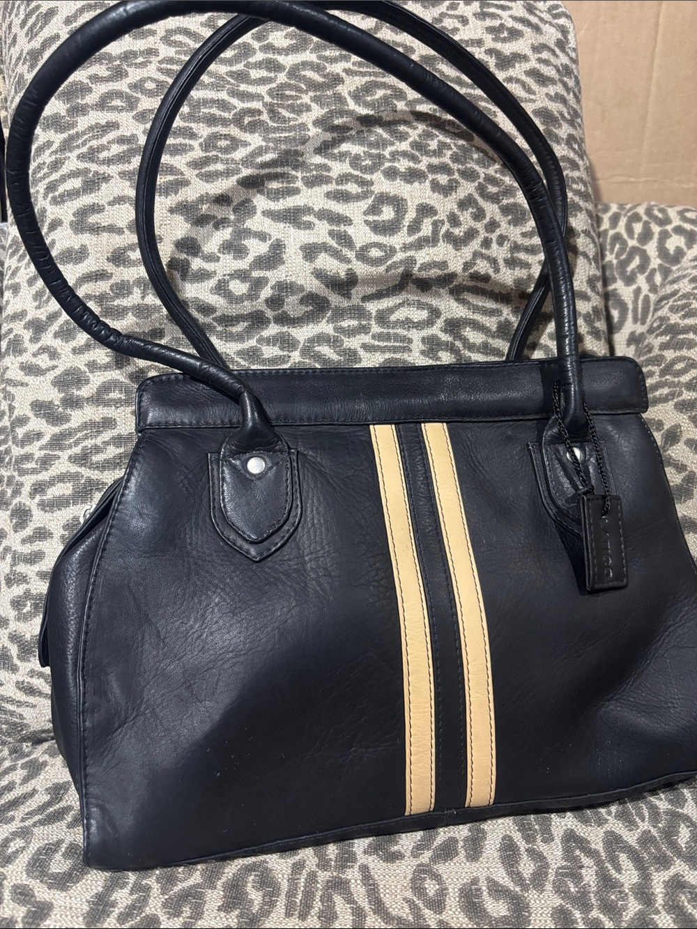 Latico vintage black soft leather striped shoulder bag classic medium purse - Picture 3 of 16